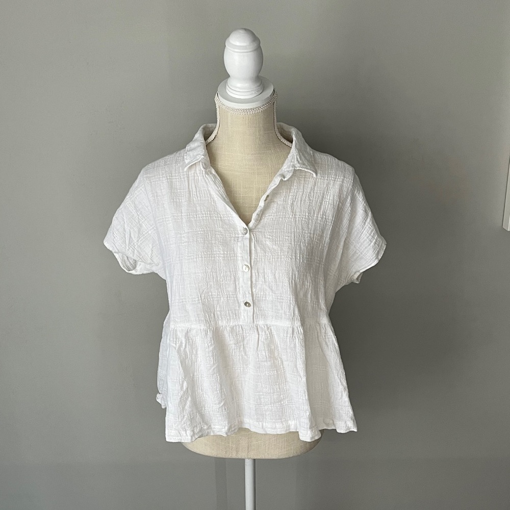 Tahari White Linen Peplum Top